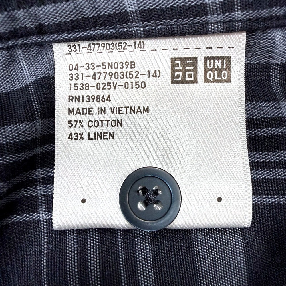 Uniqlo Navy Blue Plaid Linen Cotton Blend XL Short Sleeve Button Front Shirt - Picture 9 of 10